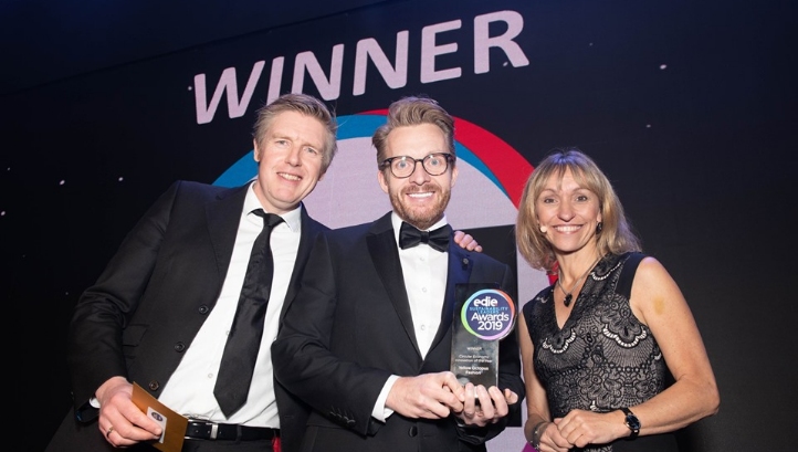 (L-R) Presenter Rob Holdway, director, Giraffe Innovation, Yellow Octopus Fashion’s Jack Ostrowski and compere Michaela Strachan